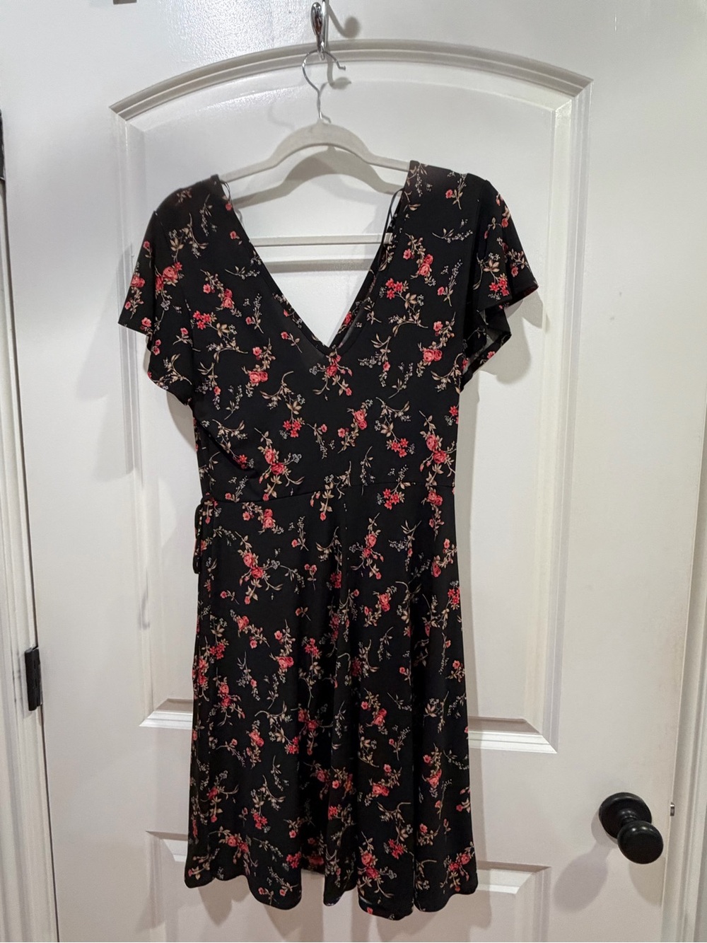 Kaileigh Black Wrap Dress with Red Floral Print